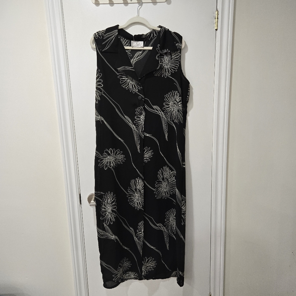 Daniel Laurent Black Longline Duster Vest with Sunflower Floral Pattern